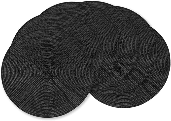 AHHFSMEI Round Placemats Set of 6 Heat Resistant Washable Non-Slip Woven Braided Table Mats for Dining Table Kitchen & Home Decor (Black)