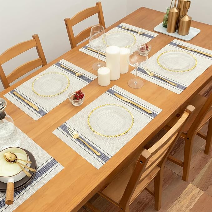 Niviy Khaki-Blue Placemats Set of 4, 12x18 Inch Heat Resistant Non-Slip Washable Durable Table Placemats for Holiday Party Kitchen Dining Room Decoration