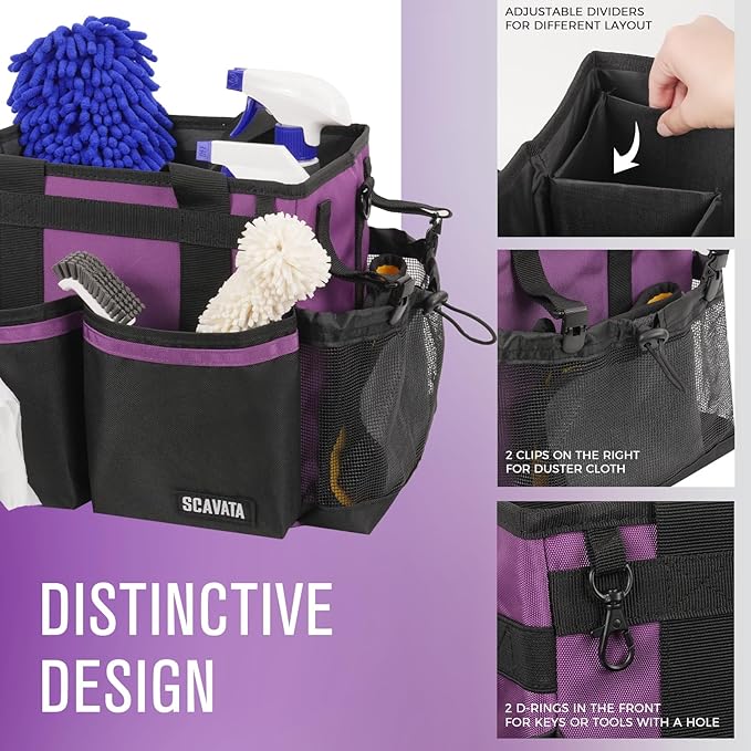 SCAVATA Compact Wearable Cleaning Caddy, Small Cleaning Caddy Supplies Organizer with Handle & Shoulder Straps for Housekeepers, Under Sink & Car Cleaning Tool Organizers Bag (RoyalPurple)