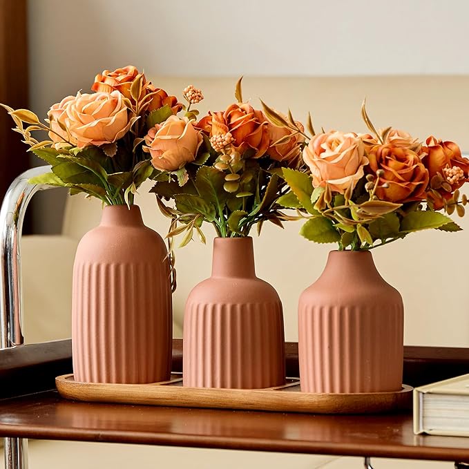 3Pcs Silk Rose Artificial Flowers with Vase & Tray - Faux Floral Plant Arrangement, Fall Fake Flowers in Vase Home Decor, Kitchen or Dining Table Decor Centerpiece, Decoration for Table (Matte Orange)
