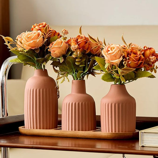 3Pcs Silk Rose Artificial Flowers with Vase & Tray - Faux Floral Plant Arrangement, Fall Fake Flowers in Vase Home Decor, Kitchen or Dining Table Decor Centerpiece, Decoration for Table (Matte Orange)