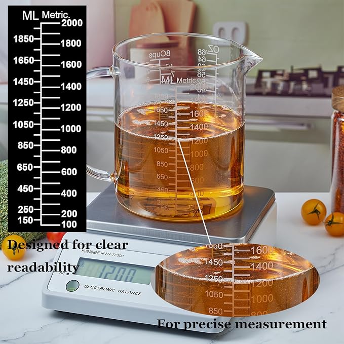 Ackers BORO3.3 Borosilicate Glass Measuring Cup with Insulated Handle, V-Shaped Spout, Clear, 2000ml/64oz Capacity, Etched Graduation, Easy to Read