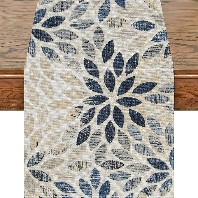 Snycler 13x48 Inch Table Runner Navy Blue Dahlia Pinnata Flower Table Runners Modern Elegant Pompon Farmhouse Geometric Table Center White Linen Decor for Home Dining Party Entrance
