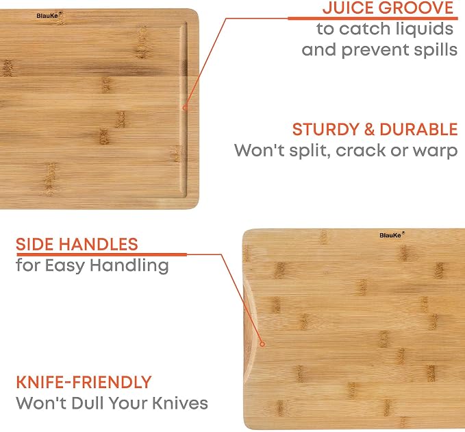 Wood Cutting Board for Kitchen – 15x10" Bamboo Cutting Board with Juice Groove and Handles – Wooden Chopping Board, Serving Tray – BlauKe®