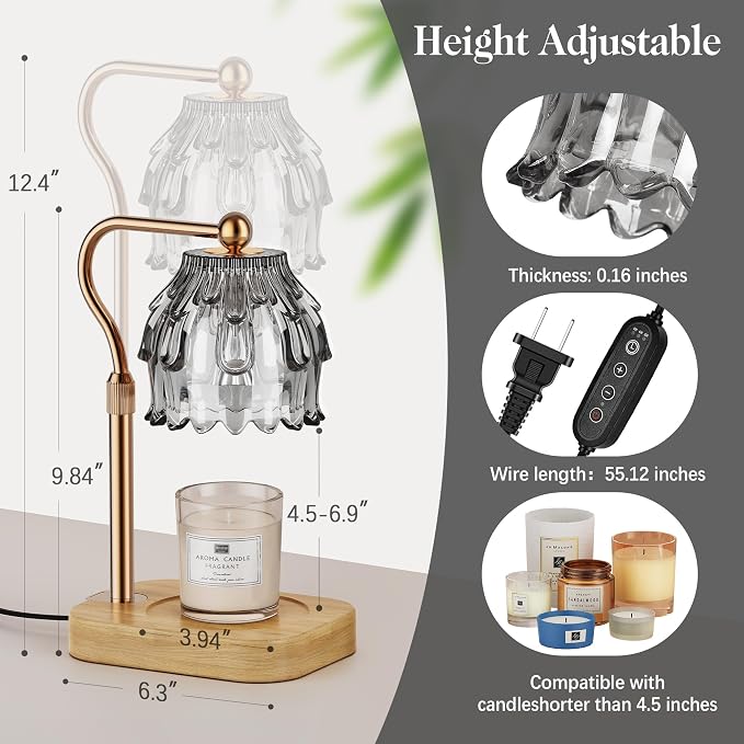 Candle Warmer Lamp with Timer Dimmer, Modern Wax Warmer for Scented Wax Jar Candle Warmer with 2 Bulbs, Adjustable Height Glass Lamp for Gifts for Women, House Warming Gifts, Home Decor, Gold Grey