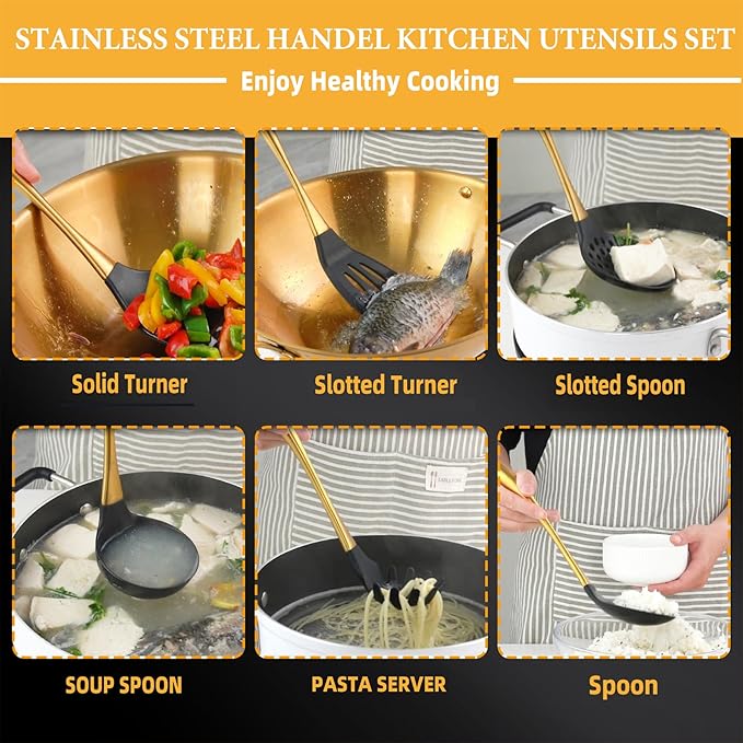 Kitchen Utensils Set, Large Non-stick Silicone Cooking Utensils Set 6 Pcs,Made of 446°F Heat Resistant Food Grade Silicone and Stainless Steel Handles,Easy to Clean Kitchen Gadgets Set (Gold)