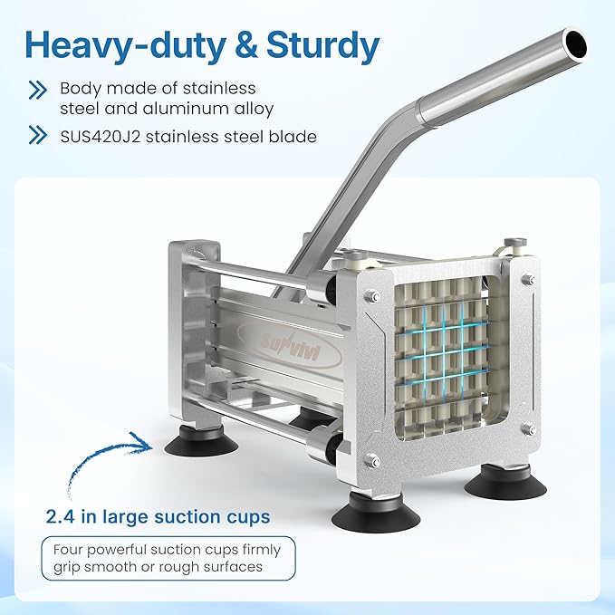Commercial French Fry Cutter with 1/2 Inch & 3/8 Inch Blade, Heavy Duty Potato Slicer, Potatoes Cutter for Potatoes, Carrots, Cucumber, Onion, Yam, Stainless Steel