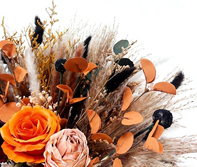 Vase with Artificial Flower Arrangemets Centerpieces for Dining Table Decorations,Faux Dried Pampas Grass Floral Decor, Fake Flowers in Vase for Home,Kitchen,Rustic Decoration(Orange)