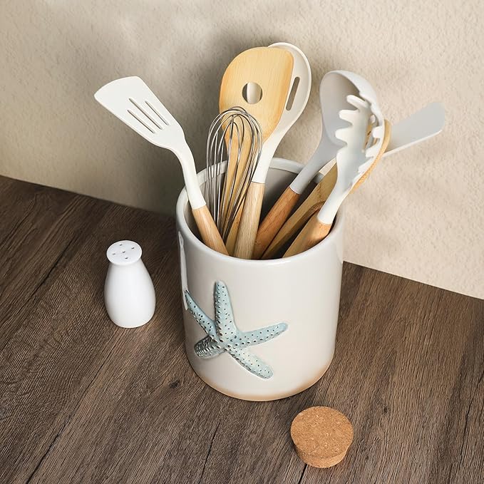 Ceramic Starfish Embossed Utensil Holder, Large Cooking Utensil Crocks for Countertop, Ocean Style Utensil Organizer for Spatula