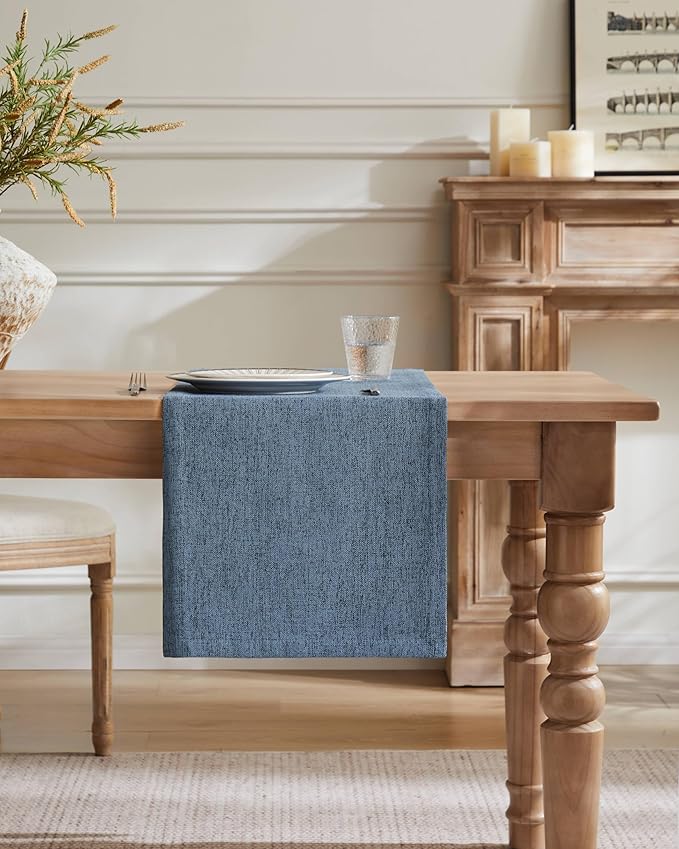 ZeeMart Burlap Style Farmhouse Table Runners 90 Inches Long, Blue Rustic Woven Dining Table Runner for Everyday Use, 14x90 Inches, Blue