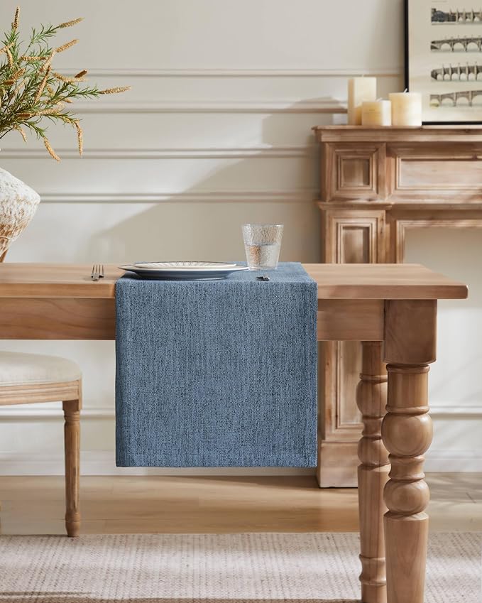 ZeeMart Burlap Style Farmhouse Table Runners 72 Inches Long, Blue Rustic Woven Dining Table Runner for Everyday Use, 14x72 Inches, Blue
