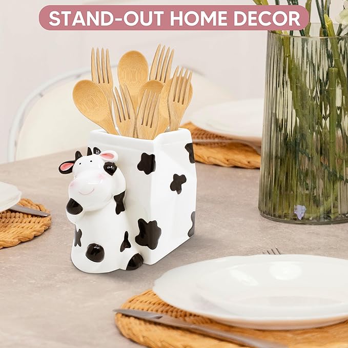 Utensil Holder | Cow Gifts For Women | Cow Stuff Print Kitchen Crock Storage | Accessories Decoration | Cute Gifts For Women | La Vaca Animal Cow Decor | Countertop Cow Stuff Vase