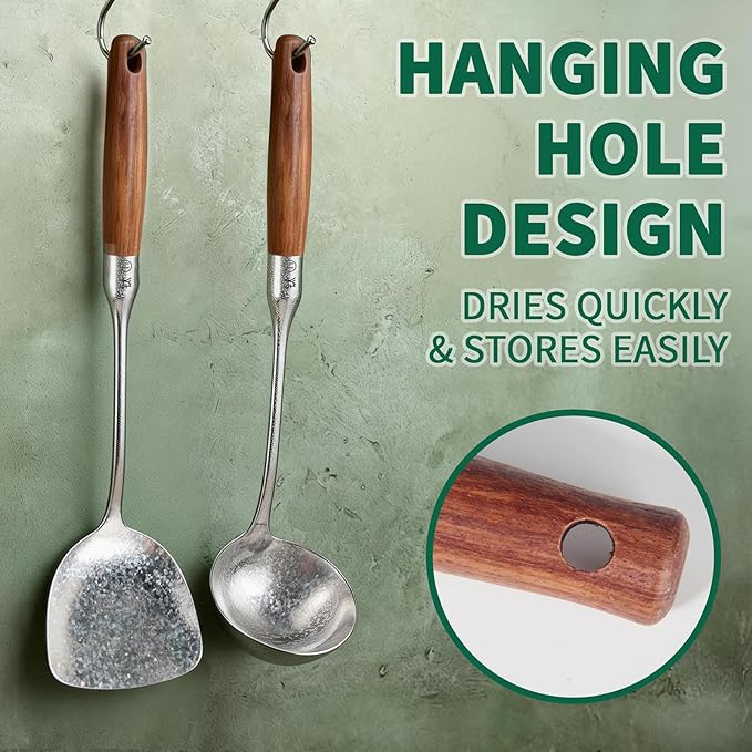 Newness Soup Ladle, [Rustproof, Heat Resistance] Resilient Pure Titanium Soup Spoon with Long Ergonomic Natural Wooden Round Handle, Non-Toxic Cooking Spoon for Kitchen, 14.56 Inches