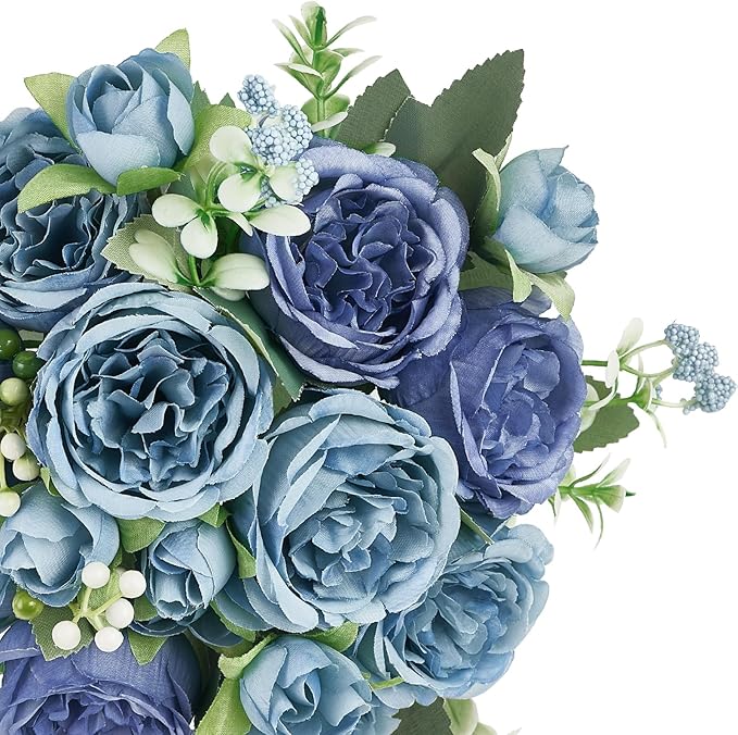 Mkono Peonies Artificial Flowers, Small Silk Flowers for Home Decor Indoor Fake Bouquet Faux Floral Arrangements Dining Table Centerpieces for Kitchen Party Decor Blue