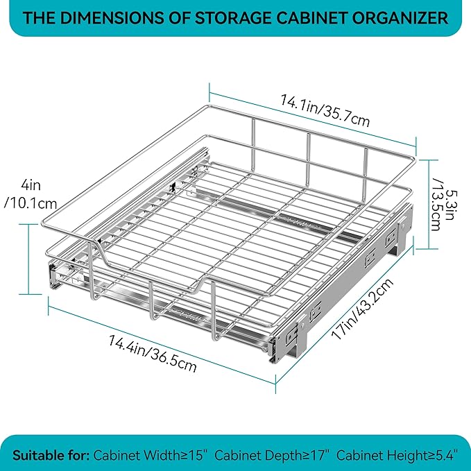 Pull Out Cabinet Organizer 14" W X 17" D, Slide Out Drawers For Kitchen Organizers and Storage, Pull Out Drawers For Cabinets Capacity Heavy Duty Caddy, Cabinet Shelves Chrome-Plated, Bathroom Pantry