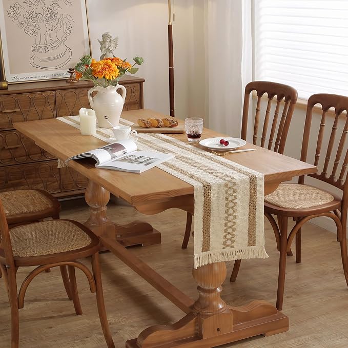 Niviy Boho Table Runner with Tassels 12 x 108 Inches Long, Cream & Brown Rustic Farmhouse Table Runner with Tassels for Home Kitchen Holiday Party and Wedding Decor Runner
