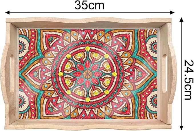 Generic DIY Diamond Serving Tray Rectangular Upgrade Increase Wooden Breakfast Tray with Handles Handmade Diamond Art Painting Dinner Plate for Coffee Living Room Home Organizer-Mandala06