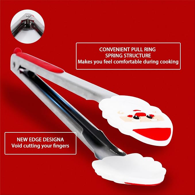Kitchen Tongs, Premium Stainless Steel, Food-Grade Silicone Tips with Christmas Design, Heat Resistant 500ºF, 2-Piece Set (9'' and 12'')