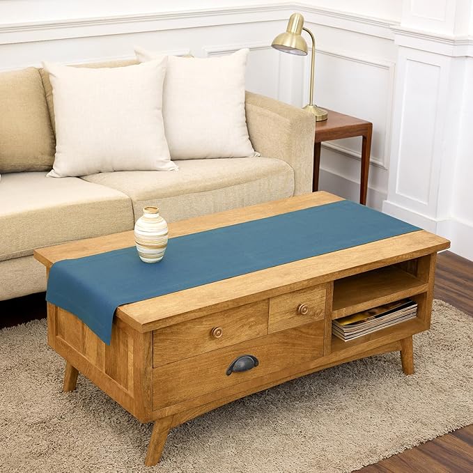 Solino Home Peacock Blue Table Runner 48 Inches - 100% Pure Linen Short Table Runner 14 x 48 Inch Ideal for Dresser and Coffee Tables - Fete