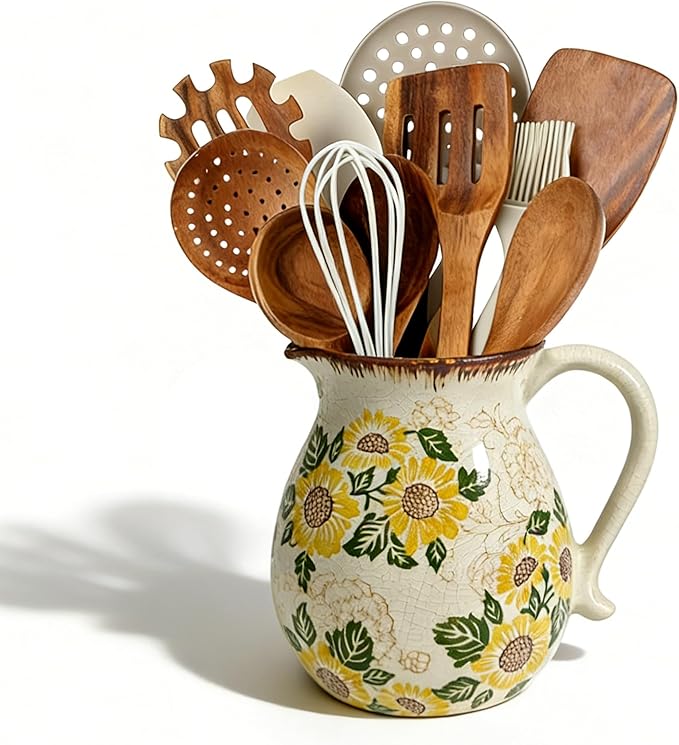 Ceramic Utensil Holder for Kitchen Counter, 6.1 Inch Modern Farmhouse Rustic Cooking Utensil Holder for Countertop Home Decor, Vintage Utensil Organizer Crock for Cooking & Spoon Tools (Sunflower)
