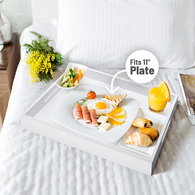 ATZYmolin Wood Serving Tray with Handles, Home Decorative Wooden Rectangle Ottoman Decor Platter Vanity Tray for Breakfast Dinner Drinks Kitchen Dining Living Bathroom Restaurants White