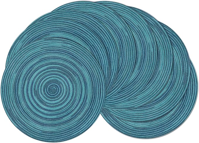 SHACOS 15 inch Round Placemats Set of 8 Variegated Multicolor Place Mats Cotton Polyester Braided Non Slip Washable Heat Resistant Table Mats for Home Wedding Dinner Party Table Decor, Rainbow Teal