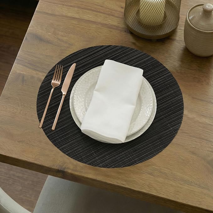 AHHFSMEI Round Placemats Set of 6 Woven Vinyl Non-Slip Heat Resistant Stain Resistant Easy Clean Place mats for Dining Table(Black)