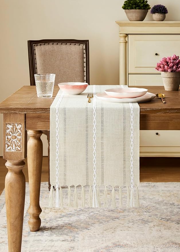 Hemstitched Farmhouse Table Runner, Beige 13x36 Inch, Cotton Linen Table Runners 36 Inches Long, Embroidered Striped Beige Boho Table Runner Rustic Home Decor