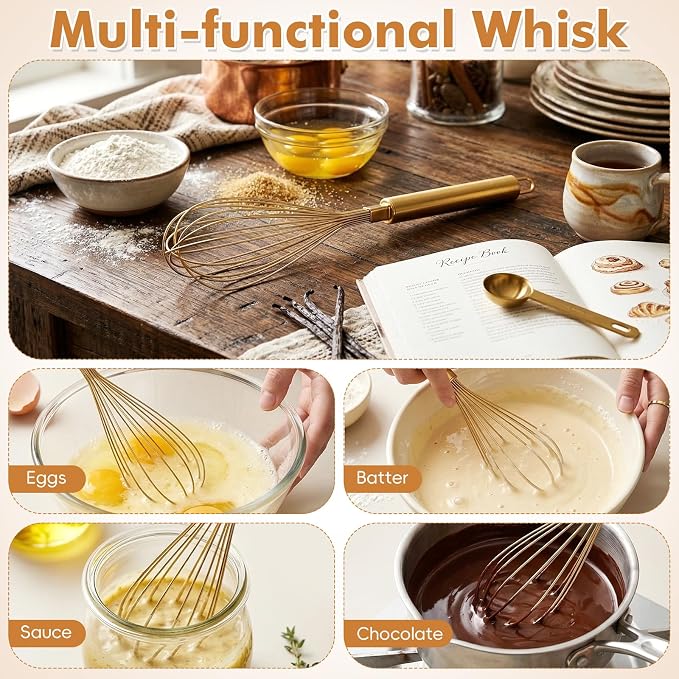MAGICLULU Stainless Steel Whisk, 13 Inch Gold Wire Egg Beater, Thicken Wire Hand Mixer for Whisking Blending Baking Cooking, Kitchen Utensils Gadgets for Cream Batter Sauce