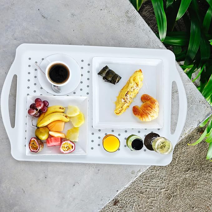 ECOIOU Non Slip Food Serving Tray with Handles, 2-Pack Rectangle Anti-Slip Non-Toxic Dishwasher Safe Tray for Snack Fruit Dessert Breakfast Drink,Black&White