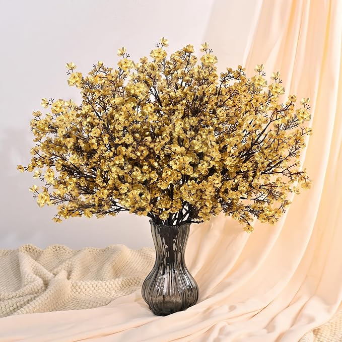 Waipfaru 15 Pcs Baby's Breath Artificial Flowers Gypsophila for Home DIY Floral Arrangement Table Centerpiece Living Room Christmas Decoration (Gold)