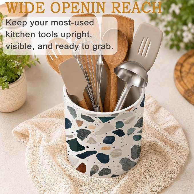 Kitchen Utensil Holder,Terrazzo Colorful Stone Ceramic Utensil Crock for Countertop,Cooking Tools Storage jar for Spatulas and Spoons,Housewarming Gifts 6.3"
