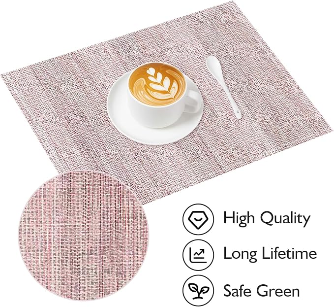 Niviy Pink Placemats Set of 4, 12x18 Inch Washable Easy to Clean Rectangular Cute Placemats for Kitchen Table Holiday Wedding Party Dining Room Decoration