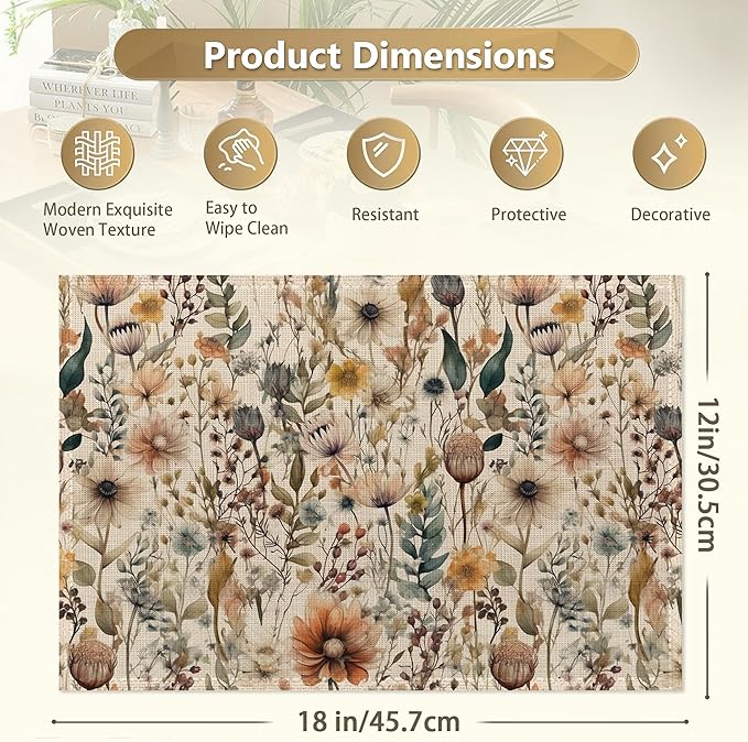 Boho Floral Watercolor Placemats Set of 6,12x18 Inch Table Mats forKitchen Table Washable Farmhouse Linen Table Mats Dining Decoration