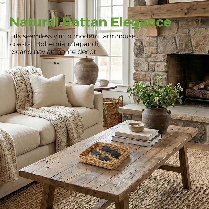 Rattan Serving Tray, Square Woven Storage Basket, Wicker Baskets for Organizing, Natural Wicker Decorative Serving Baskets for Organizing Tabletop Bathroom Kitchen Counter Square