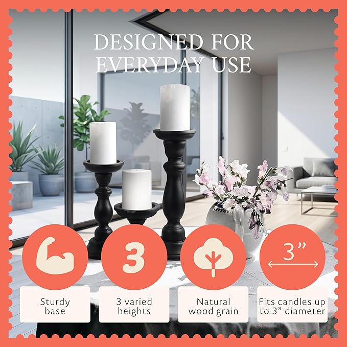 Mela Artisans 6”, 9” & 12” Mango Wood Pillar Candle Holder Set of 3 – Tuli Design Matte Black – Wooden Candle Holders for Table, Mantel & Living Room Décor