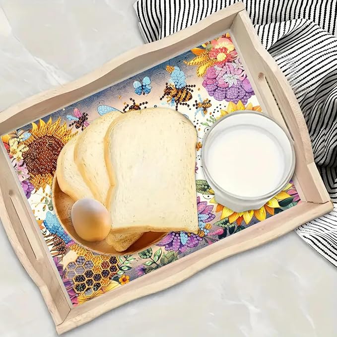 BAYUNOE DIY Diamond Serving Tray Rectangular Breakfast Tray with Handle Handmade Diamond Art Painting Wooden Tray Spring Creative Dinner Plate Coffee Room Living Home Organizer-Sunflower Bee