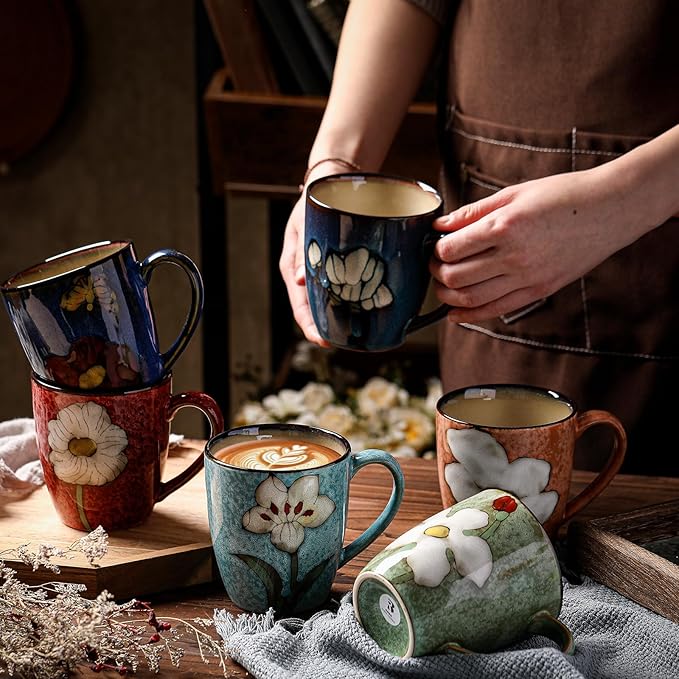 Maxdot 6 Pcs 12oz Ceramic Coffee Mugs Sets Glazing Process Cappuccino Mug Floral Ceramic Tea Cups Mother's Day Idea Gift for Women Mom Porcelain Cup for Coffee, Cocoa, Tea, Latte (Retro)