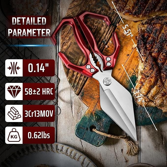 Dream Reach Poultry Shears - Heavy Duty Kitchen Scissors for Food with Ergonomic Handle, Japanese High-Carbon Steel Culinary Shears for Chicken, Meat, Seafood, Bone Cutting, Gifts (Red)