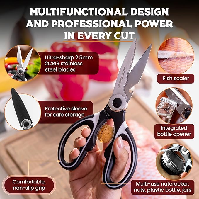 SpartaSake 2-Pack Premium Stainless Steel All Purpose Kitchen Shears with Sleeve - Heavy Duty Ultra Sharp kitchen Scissors for Food-Multipurpose Food Scissors for Meat Poultry Vegetable (Black-White)