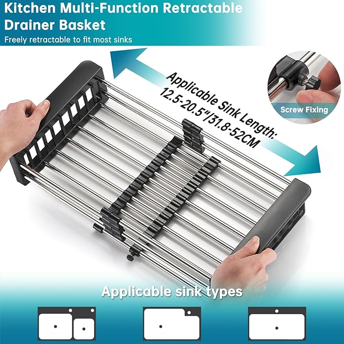 Dish Drying Rack, Stainless Steel Dish Drainer with Adjustable Arms Holder Functional Kitchen Sink Organizer for Vegetable and Fruit, Black Large