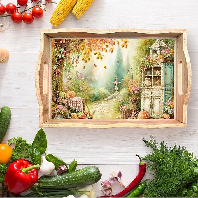 DIY Diamond Serving Tray Diamond Art Painting Creative Design Handmade Wooden Tray Dinner Plate for Coffee Breakfast Home Organizer-Autumn Garden