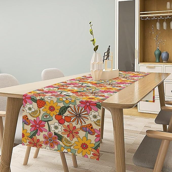 Retro Floral Table Runner,Vintage 70s Hippie Summer Groovy Daisy Flower Dinner Runner for Home Kitchen Dining Table Party Holiday Decor 13x108 Inch