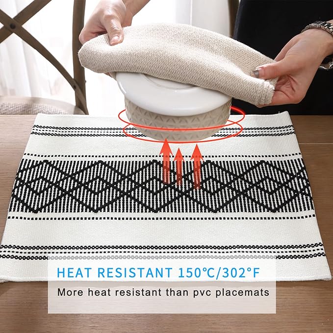 Elegant Thick placemats for Dining Table Decor Farmhouse Heat Resistant Table Place mats Set of 4 Quality Woven Cloth Placemats Washable Dinner mats (Black, 4)
