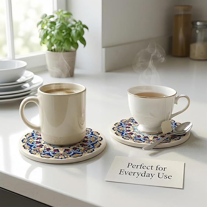 Ceramic Coasters Set of 4 with Cork Base, Absorbent Drink Coaster for Home Decors, Non-Slip Decorative Coasters for Coffee, Wine, Tea Cups, 4 Inch Round Blue Vintage Pattern