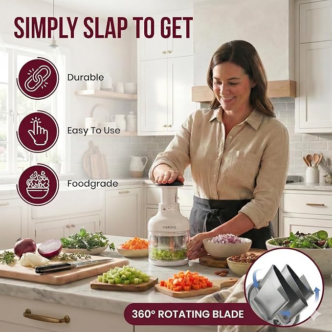 Manual Vegetable Chopper, Food Slicer, Garlic Chopper, Best for Vegetables Salads, Onion, Fruits, And Nuts. Dishwasher-safe, White, Easy to Clean