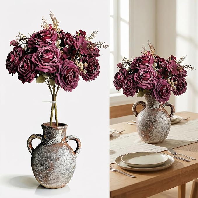 Flower Arrangement with Terracotta Vase, Pre-Arranged Faux Roses & Mixed Flowers Centerpiece for Rustic Farmhouse Table Decor/15”