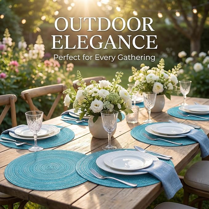 AHHFSMEI Round Braided Placemats Set of 6 Woven Table Mats for Dining Table Heat Resistant Easy to Clean Perfect for Kitchen & Home Decor (Silver Blue)