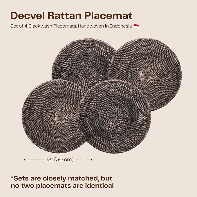 4-Pack Rattan Placemats - 13-inch Round Placemats (Blackwash) - Woven Place Mats, Round Table Mats - Wicker Chargers for Dinner Plates, Plate Chargers Boho