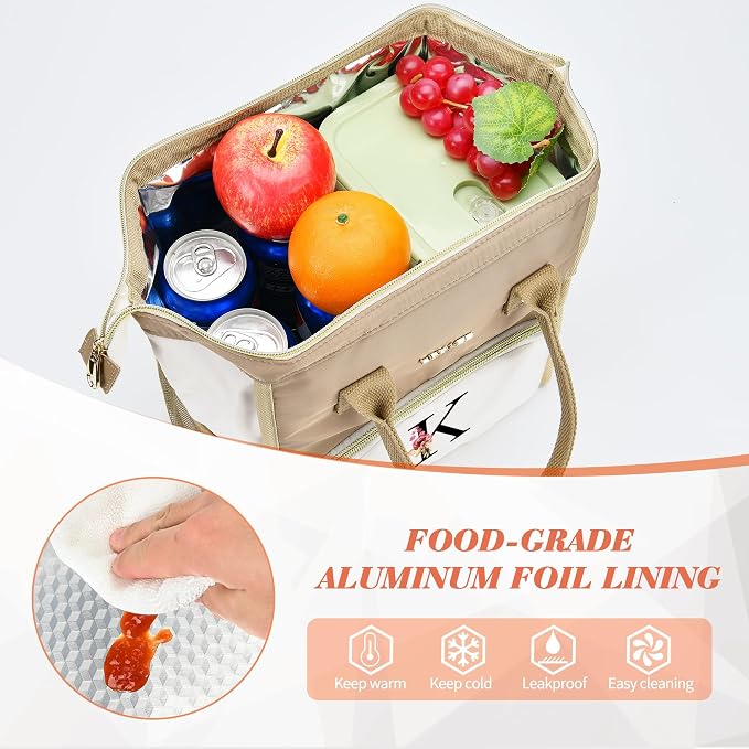 Initial Lunch Bag Women, Cooler Insulated Lunch Bag, Large Adult Leakproof Lunch Box for Picnic Work, Personalized Tote Bag, Birthday Gifts/Mother's Day Gifts, Letter O.